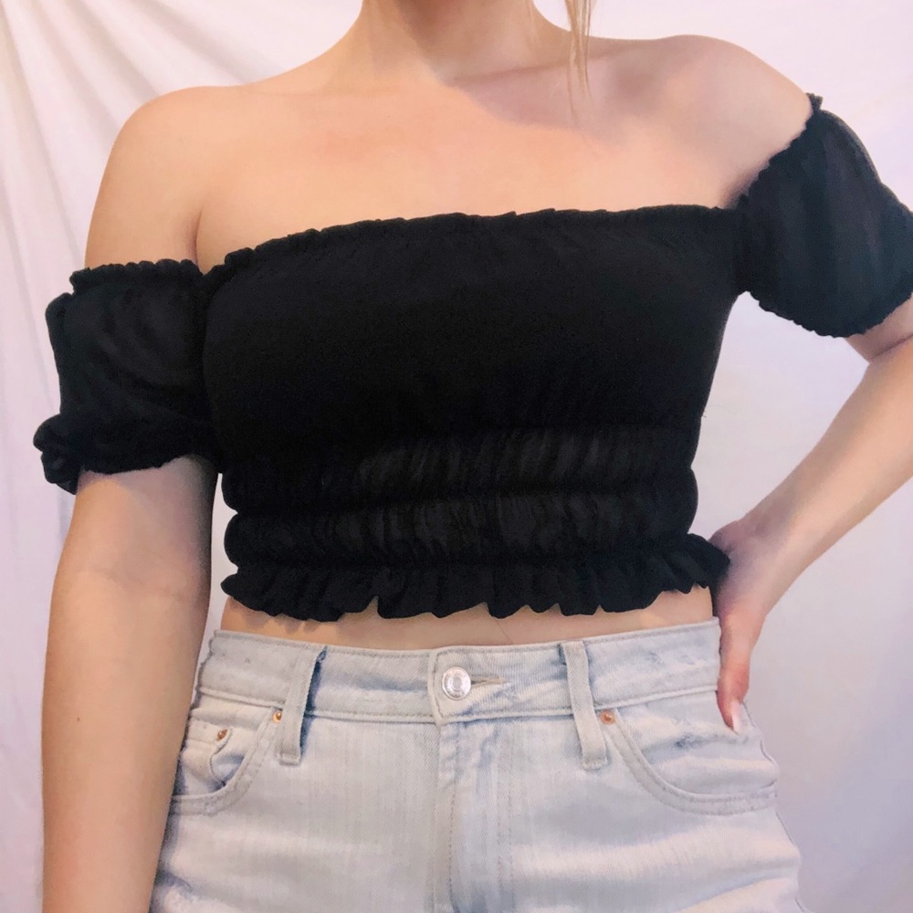 black half sheer half silk off the shoulder top